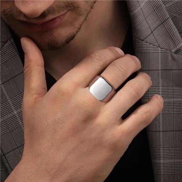 Mens Rings Stainless Steel Square Signet Rings for Men, Pinky Thumb Ring for Dad - Picture 3 of 7